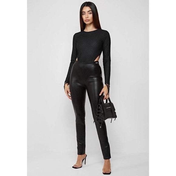 MANIERE DE VOIR Black High Leg Mesh Cutout Long Sleeve Bodysuit Women's Size 6 - Picture 3 of 9